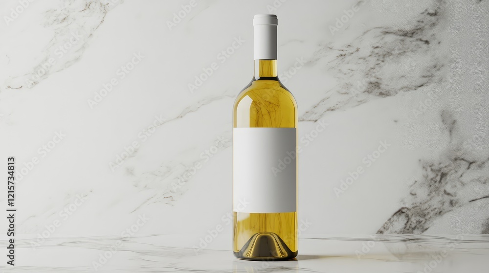 Poster elegant white wine bottle mockup on light marble surface with soft reflections and blank label for c