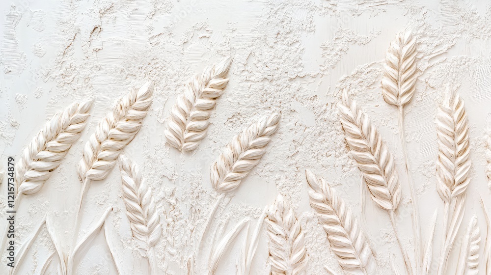 Poster Embossed White Wooden Textured Panel with Subtle Cream Wheat Crop Design on Light Neutral Background in Horizontal Orientation