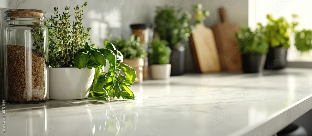 Aufkleber close up of vibrant herbs and spices displayed on a modern kitchen countertop with blank space for c