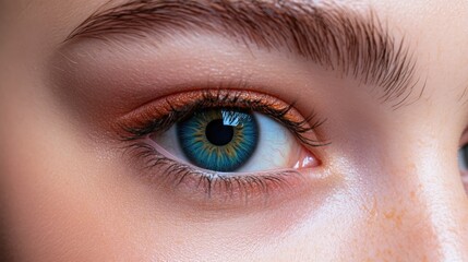 Close up of human eye with striking blue and brown iris contact lens showcasing detail and texture with empty space for text inclusion
