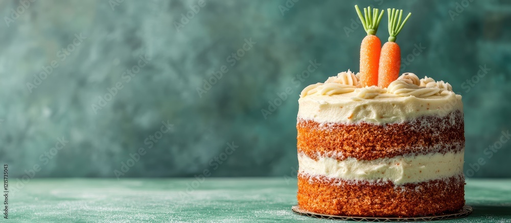 Poster delicious carrot cake layered with cream cheese frosting adorned with decorative sugar carrots on a 
