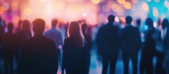 Diverse IT and data professionals networking at a conference with a bokeh background creating a professional ambiance and empty text space