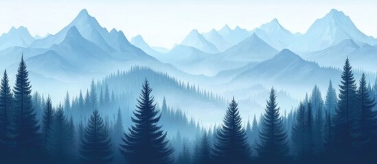 Fototapeta premium Foggy Pine Forest and Snowy Mountains Aerial View Serene Winter Landscape with Copy Space for Text in the Alps Morning Atmosphere
