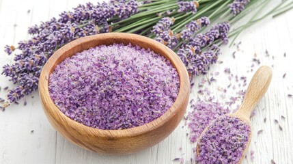 Lavender Sea Salt in Wooden Bowl with Fresh Lavender Sprigs on White Wooden Background in Soft Purple and Natural Brown Tones