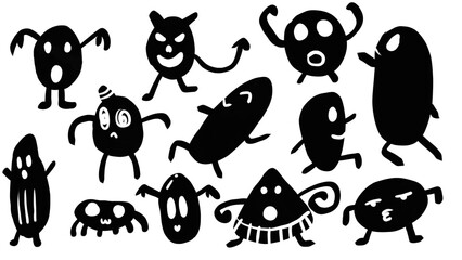 A set of hand-drawn cartoon monsters in various poses and expressions. Perfect for adding a fun and spooky touch to your designs.