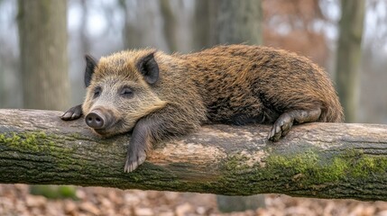 Obraz premium Wild boar resting on log, autumn forest, nature