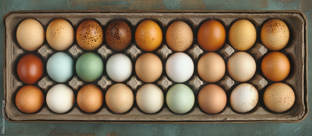 Poster assorted domestic chicken eggs in an open carton with empty copy space for text on rustic blue backg