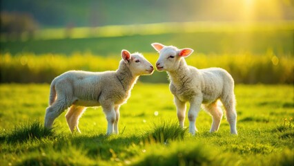 Obraz premium Adorable Twin Lambs Spring Farm Pasture - Cute Baby Sheep Idyllic Countryside Scene