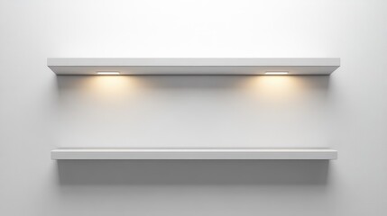 Minimalist white shelves illuminated against a light gray wall background showcasing contemporary interior design elements and modern simplicity.