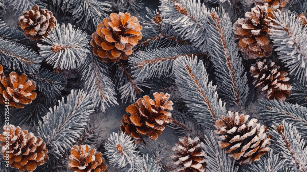 Poster snowy pine tree branches with cones in a serene winter forest landscape capturing the essence of fro