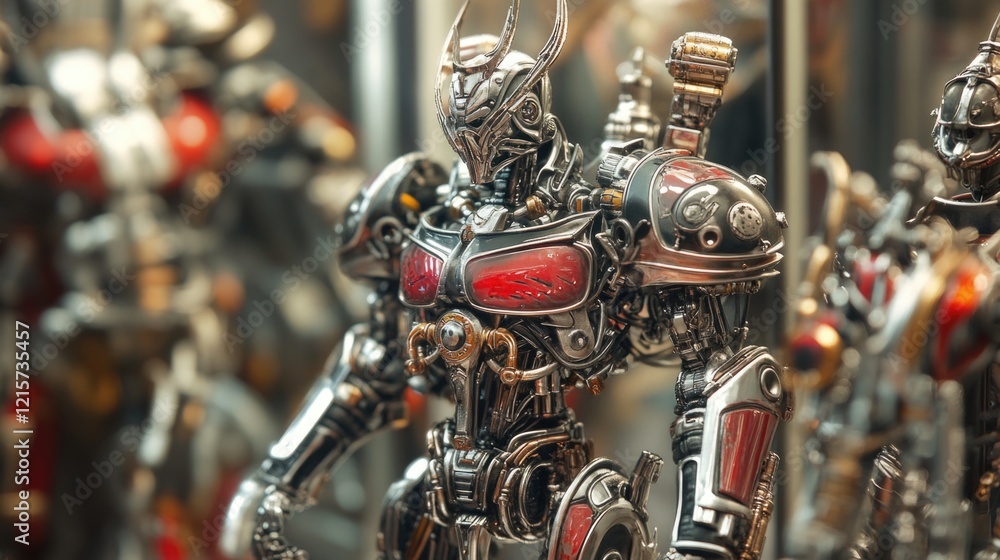 Poster detail of a collector's display showcasing intricately designed mecha robot statues in a modern sett