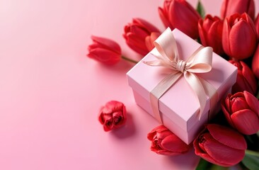 A Charming Pink Gift Box Delicately Surrounded by Beautiful, Vibrant Red Tulips Blooms