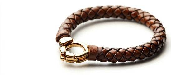Casual braided brown leather bracelet featuring a gold lobster clasp on a white background for text placement.