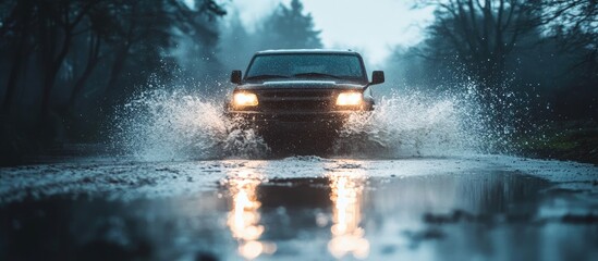 4x4 SUV navigating large puddle in rain creating dynamic splashes on wet asphalt with ample copyspace for text in stormy environment