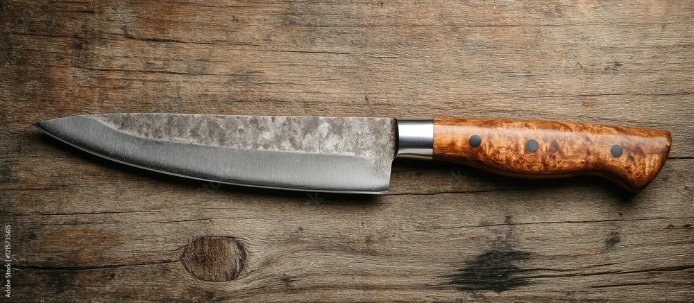 Poster chef knife with detached wooden handle on rustic wood background with empty space for culinary text 