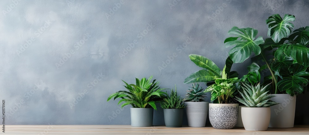 Aufkleber serene indoor plant display with empty space for text featuring various greenery and decorative pots