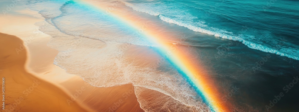 Poster double rainbow over the ocean with high waves and colorful reflections in a serene seashore scene ae