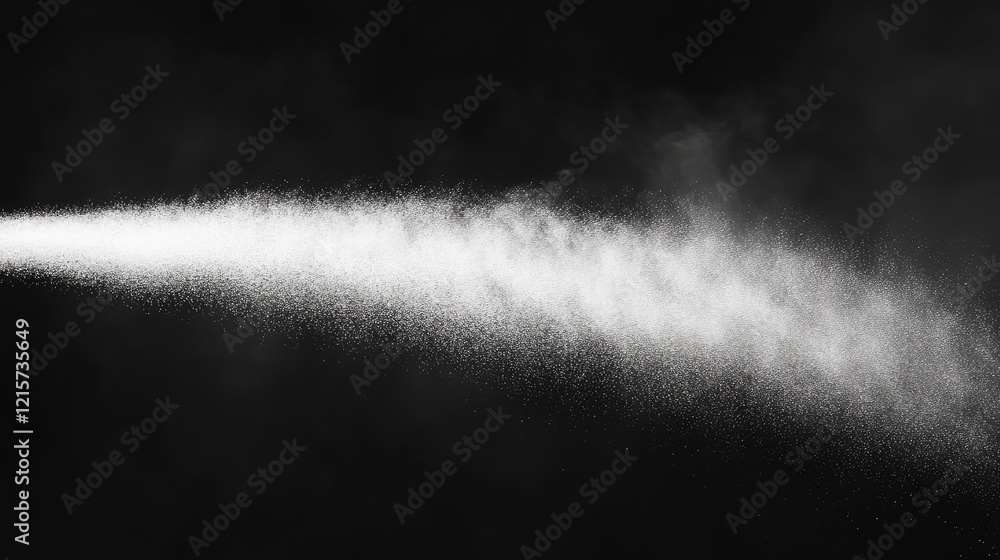 Poster dynamic white water mist spray with swirling steam against a deep black background creating an ether