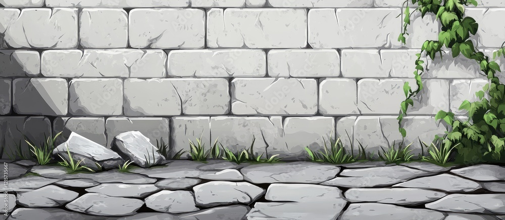 Poster textured grey cement and white brick wall background with lush greenery and empty space for text ove