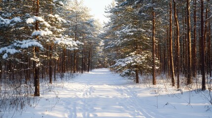 Fototapeta premium Snowy winter forest landscape with evergreen trees and bright sunlight ample space for text in a picturesque serene setting