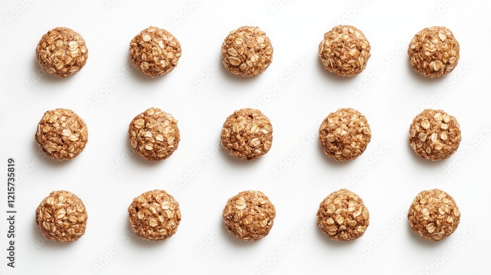Poster aerial view of whole grain oatmeal cookies arranged in grid pattern on clean white background with n
