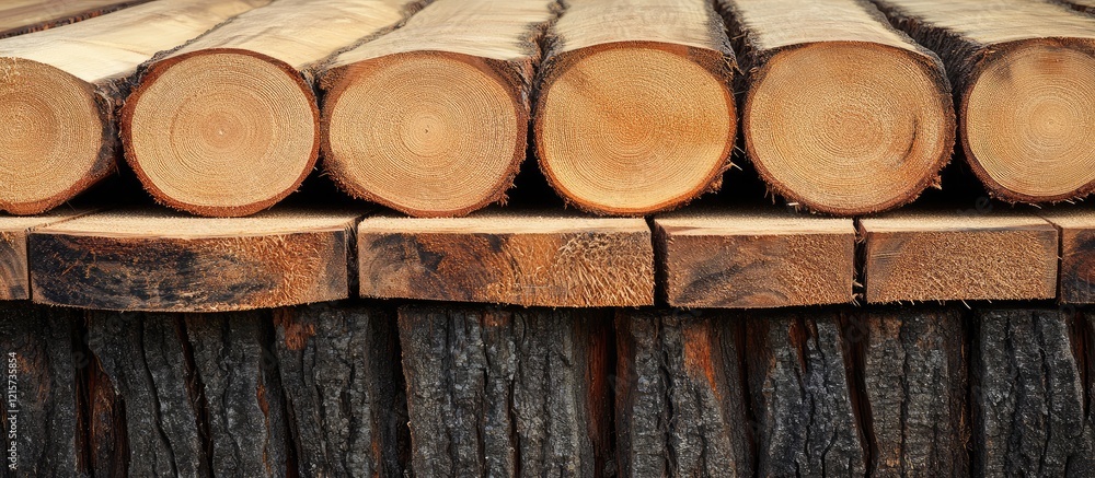 Aufkleber carpenter using saw at sawmill among stacked wooden planks and logs with empty copy space for text o