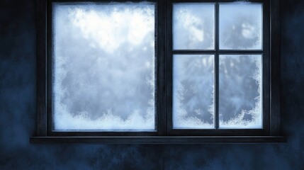 Frosted window pane with a winter landscape blurred in the background creating a serene cold atmosphere