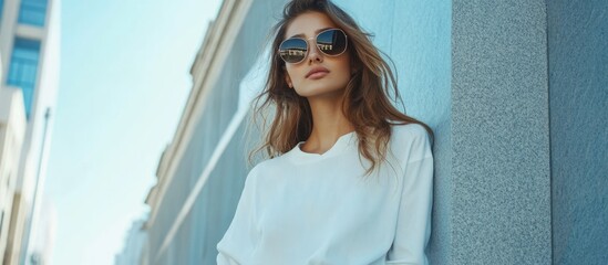 Stylish young woman in white attire with sunglasses posing in urban environment featuring ample space for text and creative design options
