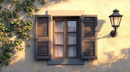 Traditional window with decorative shutters and street light on house wall surrounded by greenery in a charming architectural setting