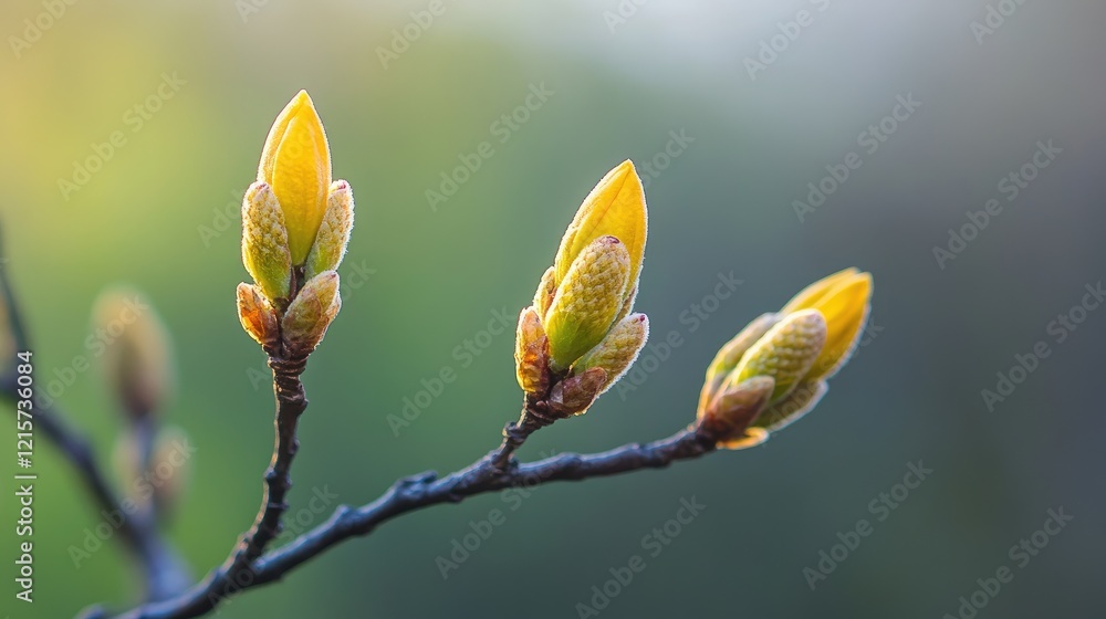 Poster yellow flower buds emerging on a branch with a soft blurred green background signifying the arrival 