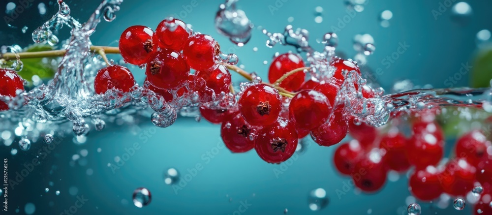 Poster red currants splashing into clear water on dark blue background close up vibrant refreshing concept 