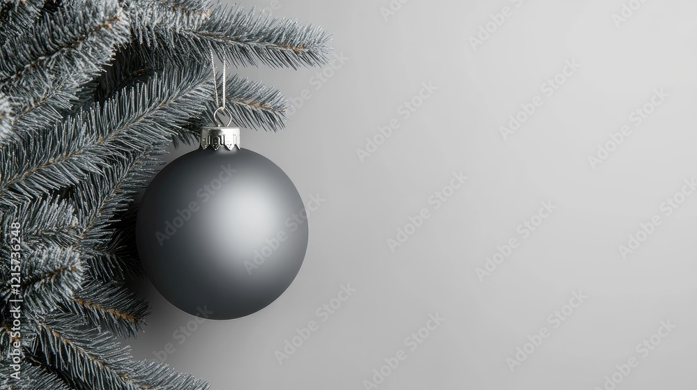 Aufkleber cool grey christmas bauble hanging from tree branch on minimalist background with ample empty space 