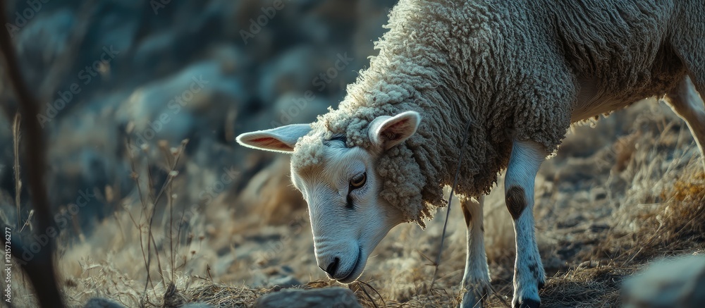 Poster close up of a sheep grazing on a hillside natural landscape with ample copyspace for text or design 