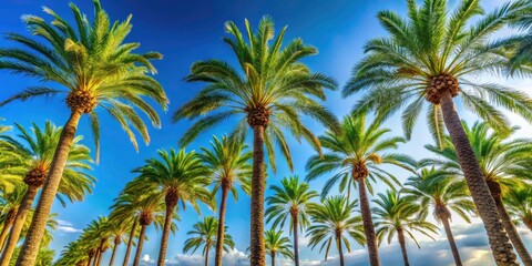 Fototapeta premium Low Angle View of Palm Trees Against Blue Sky in Costa Blanca, Spain - Tropical Paradise Landscape Photography