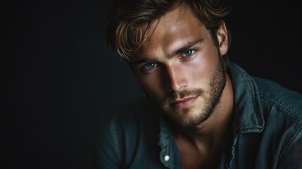 Obraz premium Professional corporate portrait of a young handsome man with tousled hair and striking blue eyes against a dark backdrop, ideal for modern business concepts.