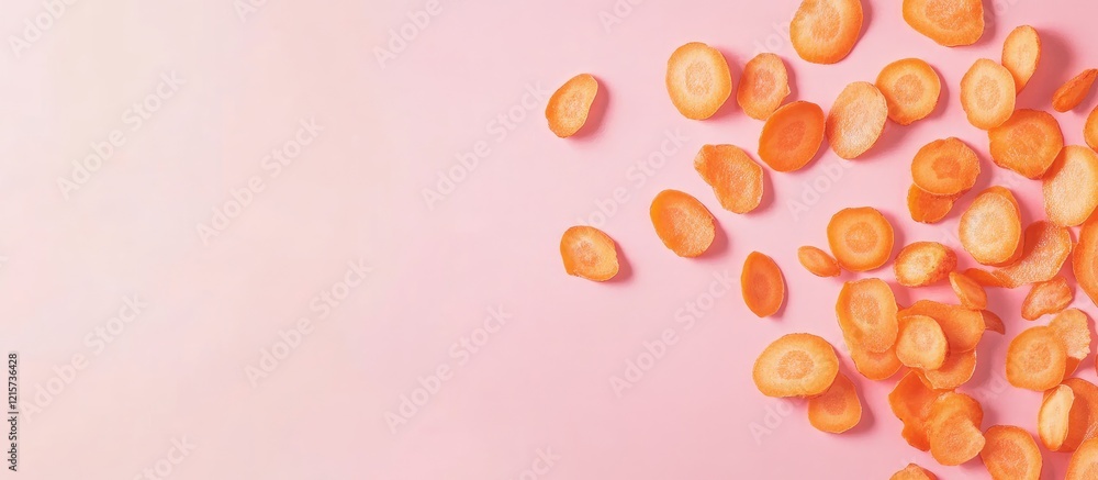Poster freshly sliced carrot rounds scattered across a soft pink background creating negative space for cul