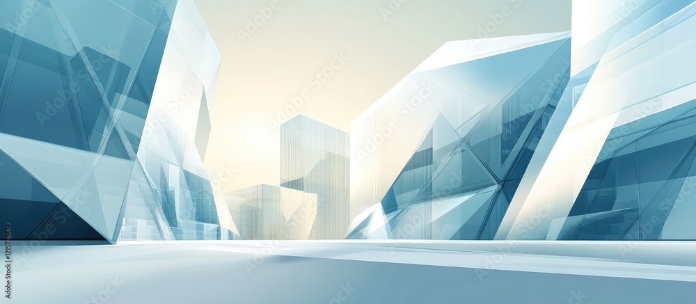 Poster modern abstract industrial landscape with glass structures and expansive empty space for customizabl