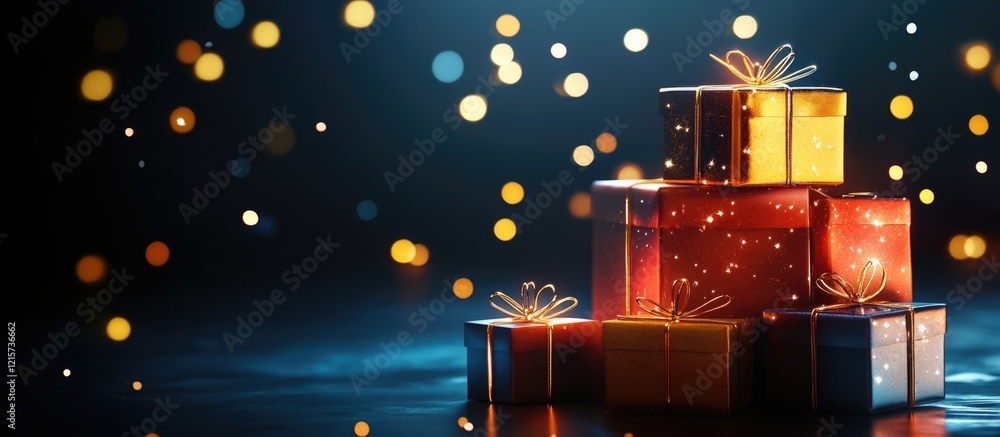 Poster illuminated gift boxes stacked beautifully with bokeh background and empty space for festive text or