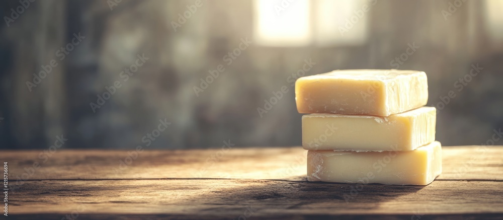 Poster stack of dairy products on a wooden table with soft lighting and empty copyspace for text in a rusti