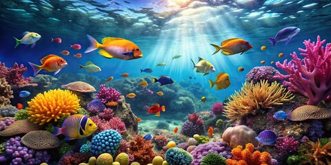 Fototapeta premium Colorful coral reef scene with tropical fish swimming freely, blue, landscape, colorful, water, tropical fish
