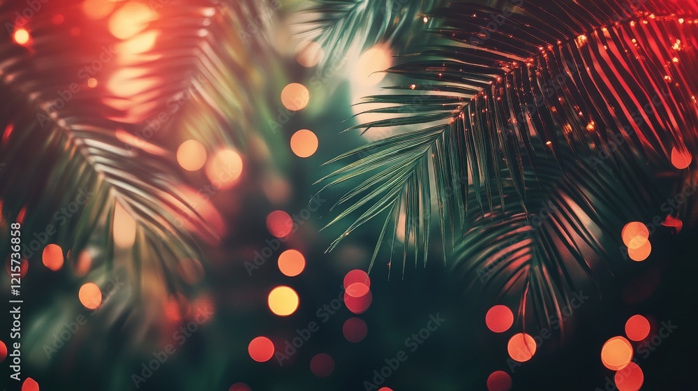 Poster tropical palm leaves with red and green bokeh lights in an abstract artistic design creating a seren