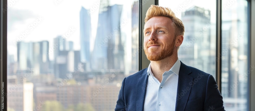 Poster caucasian businessman smiling and contemplating success while looking out at a cityscape from a mode