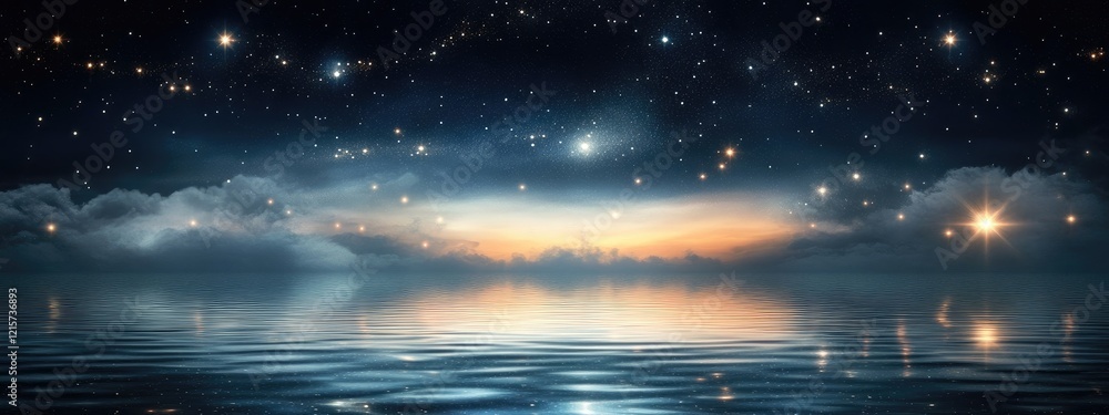 Poster celestial bodies in tranquil space reflecting on calm waters under a starry night sky with ample cop
