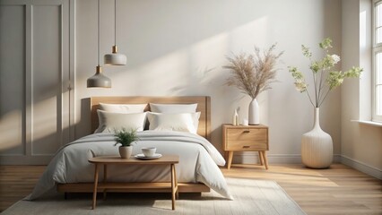 Fototapeta premium Minimalist Bedroom Design with White Bedding, Wooden Nightstand, and Decorative Vase for Relaxing Atmosphere
