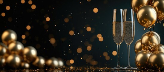 60th Birthday Celebration Decor Featuring Gold Balloons and Champagne Glasses with Elegant Copyspace for Personalized Text