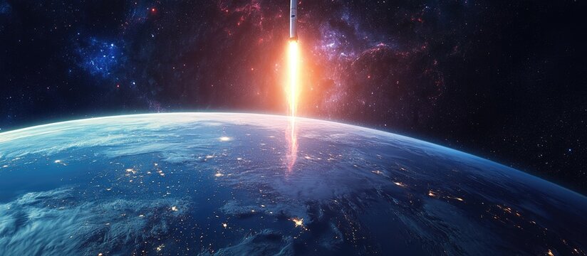 A model rocket ascends into the cosmos with a stunning view of Earth below showcasing the vastness of space and room for text placement