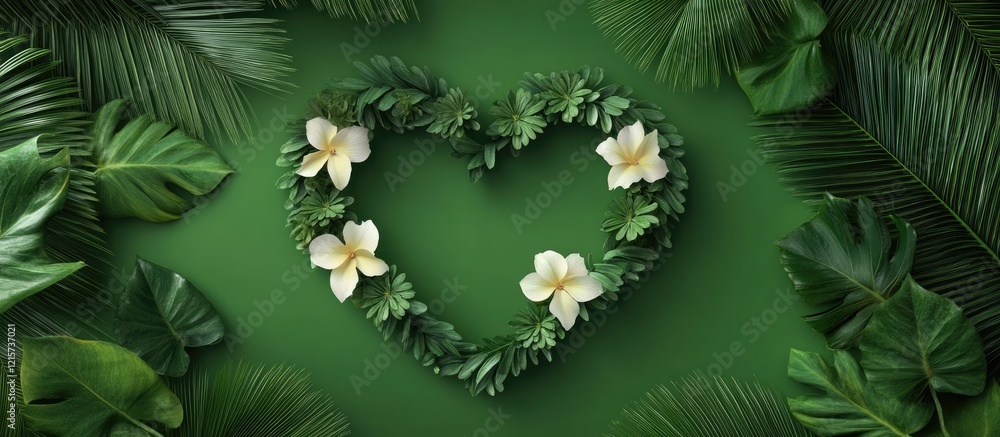 Poster heart-shaped arrangement of palm leaves and flowers on a green background with ample space for custo