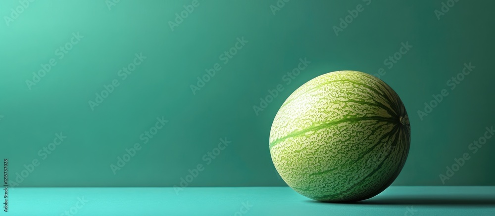 Poster a vibrant green melon on a smooth surface with ample space for custom text or digital content