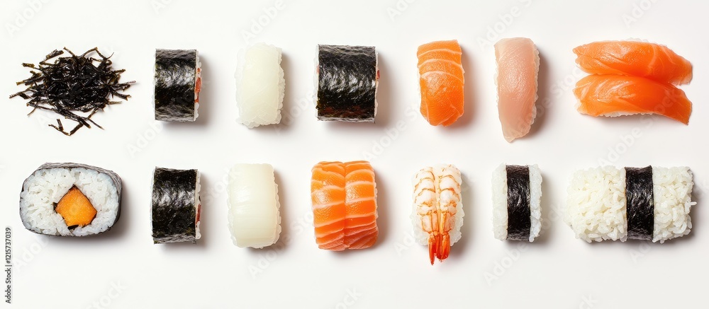 Poster japanese sushi platter display featuring nigiri and maki with nori and white rice for restaurant tak