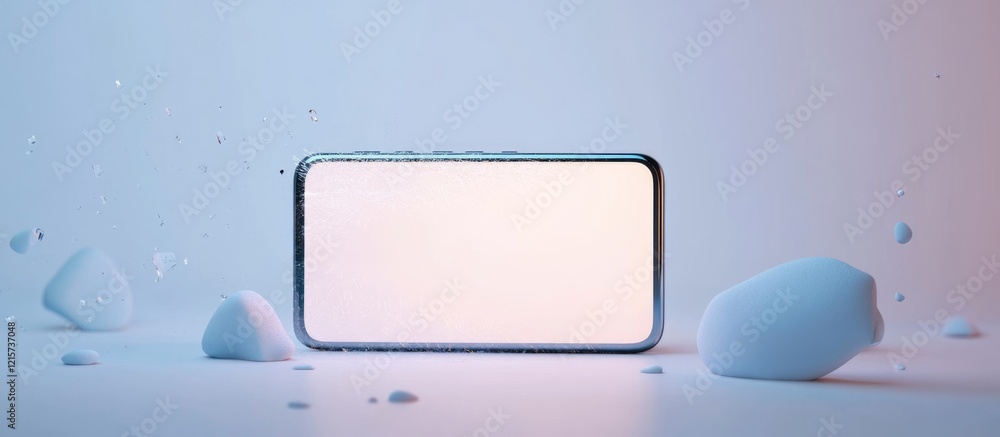 Aufkleber broken smartphone with glowing screen on minimalistic white background showcasing empty space for te